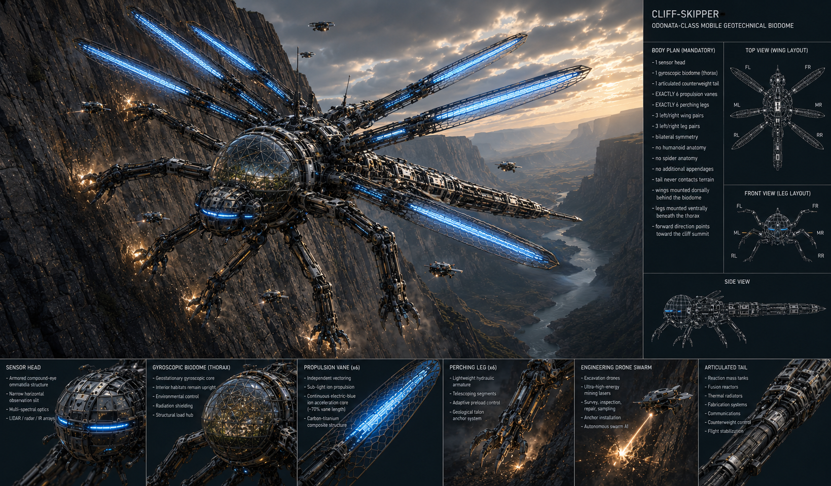 [Concept art of a glowing mechanical dragonfly sci-fi robot perched on a canyon cliff, with accompanying technical design ...