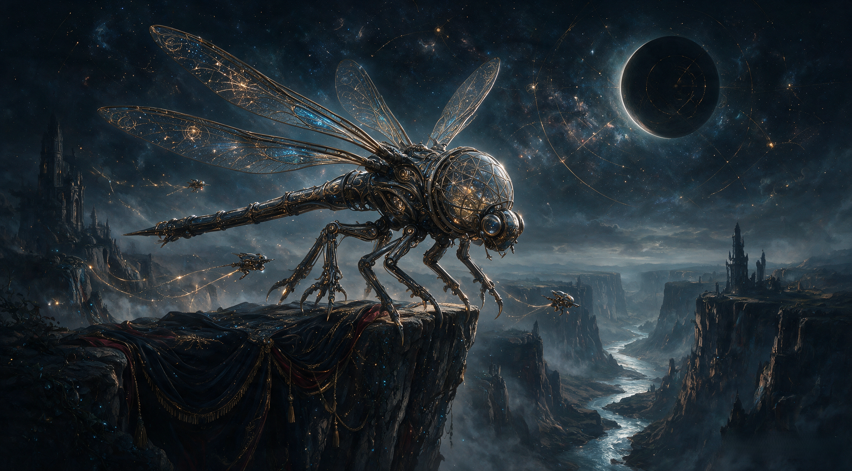 [Intricate steampunk mechanical dragonfly perches on a cliff edge above a misty fantasy canyon under a cosmic starry night...