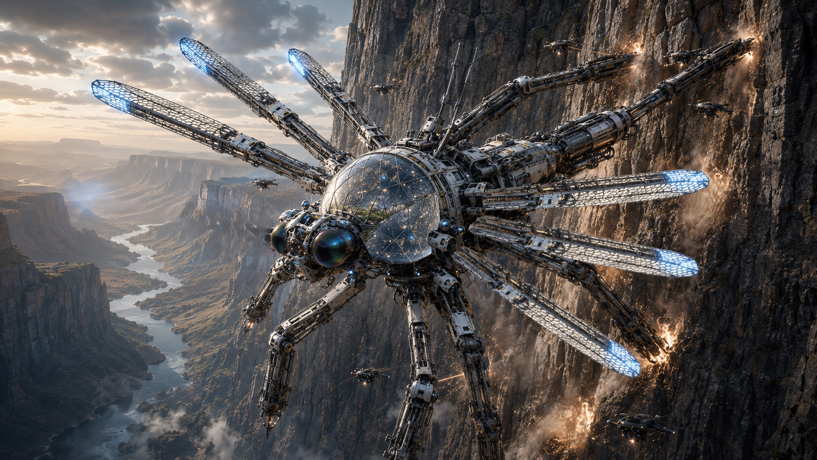 [Massive multi-limbed mechanical sci-fi robot climbs a steep rocky canyon cliff overlooking a winding river valley at gold...