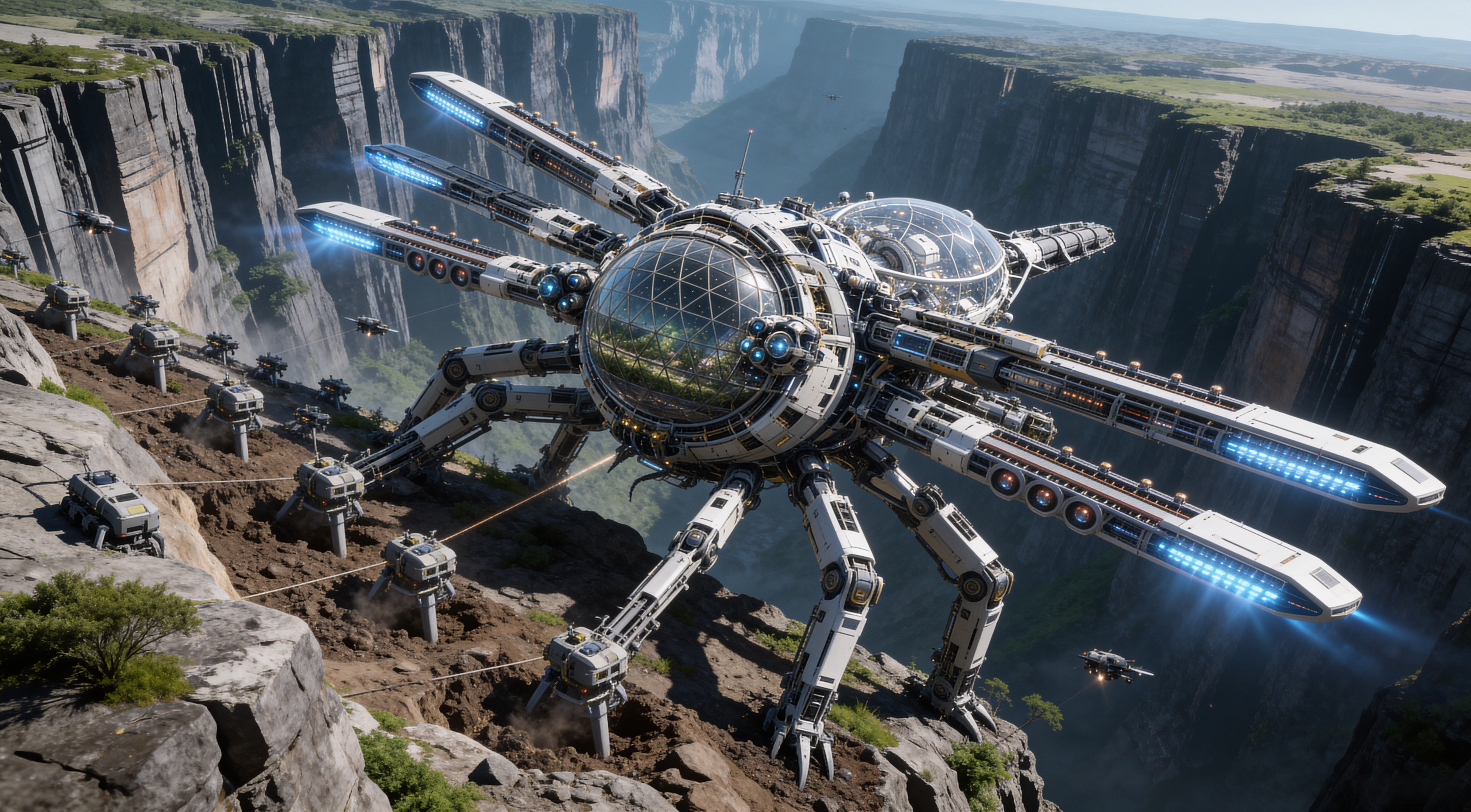 [Giant spider-like sci-fi mech with glowing blue thrusters perched on a steep canyon cliff alongside support construction ...