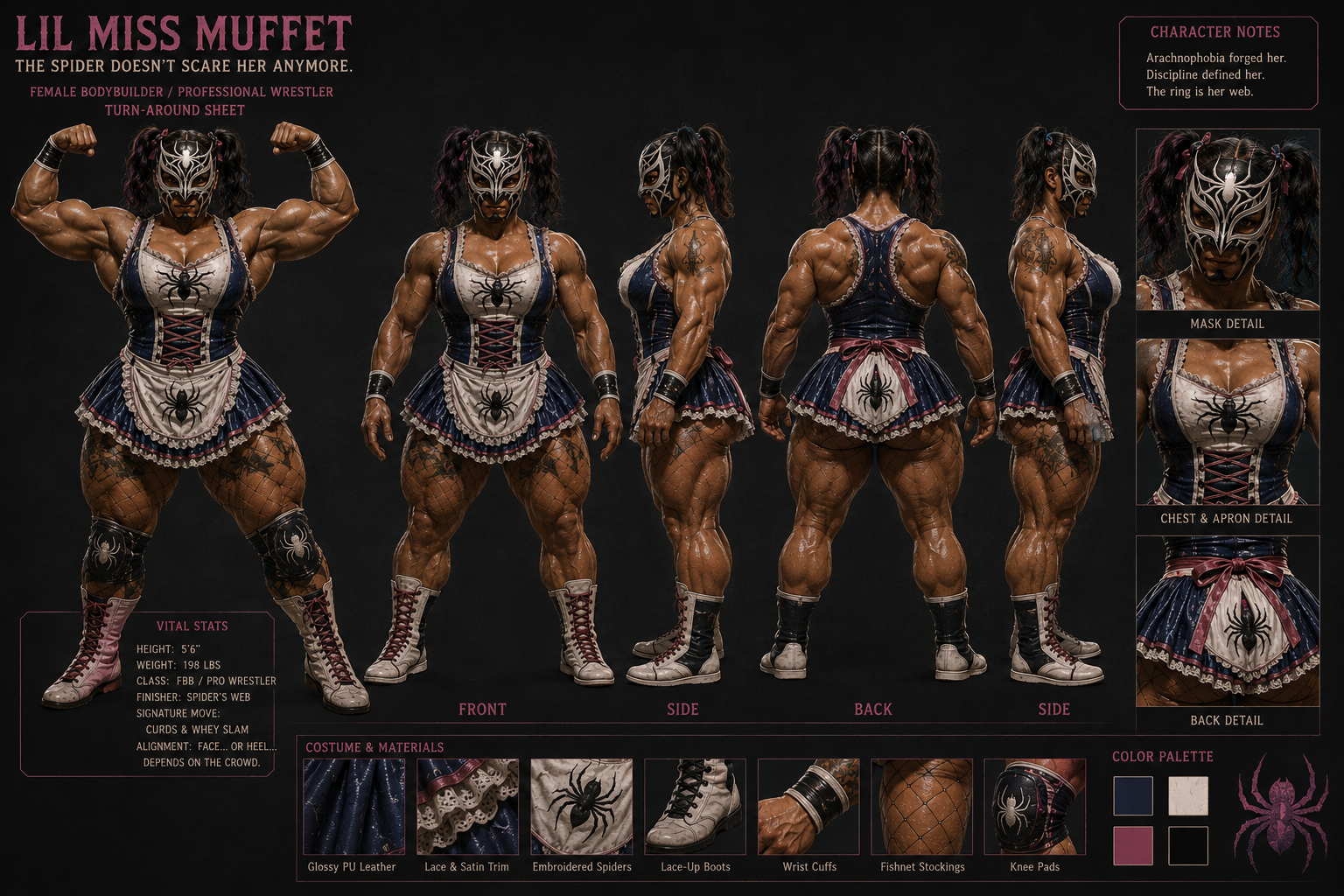 [Lil Miss Muffet pro wrestler character turnaround sheet showing multi-view reference art of muscular masked spider-themed...