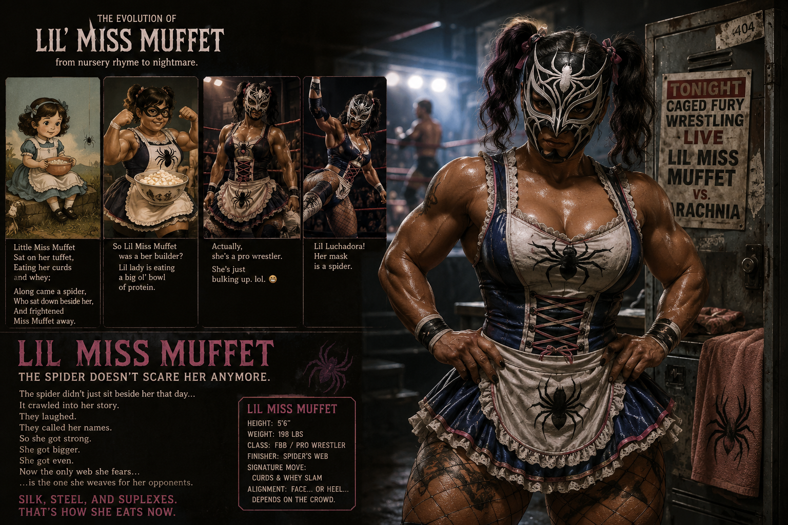 [Infographic showing the evolution of Little Miss Muffet from nursery rhyme character to masked spider-themed luchadora pr...