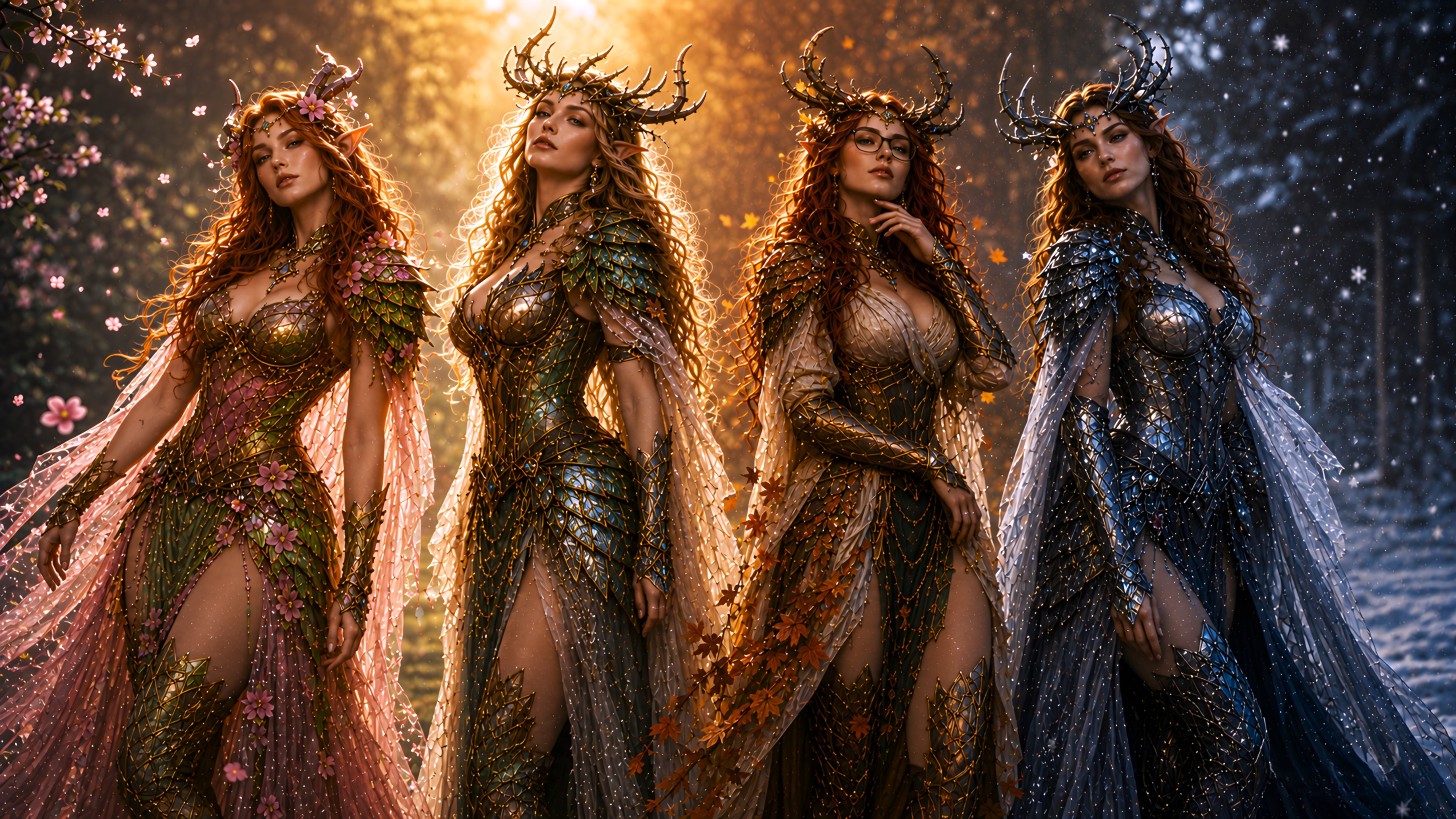 [Four antler-crowned elven goddesses representing the four seasons stand side-by-side across a glowing enchanted forest, f...