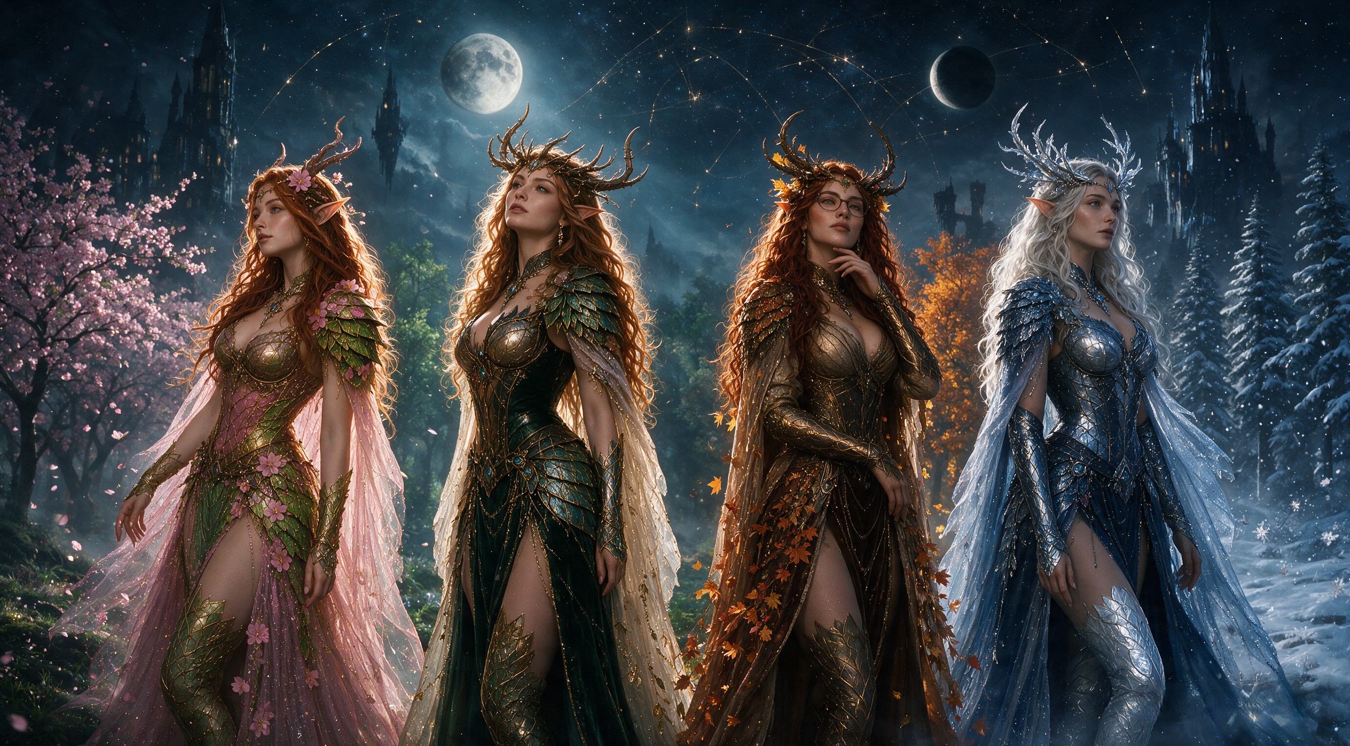 Four antler-crowned elven queens representing the four seasons stand side-by-side under a moonlit starry fantasy night sky.
