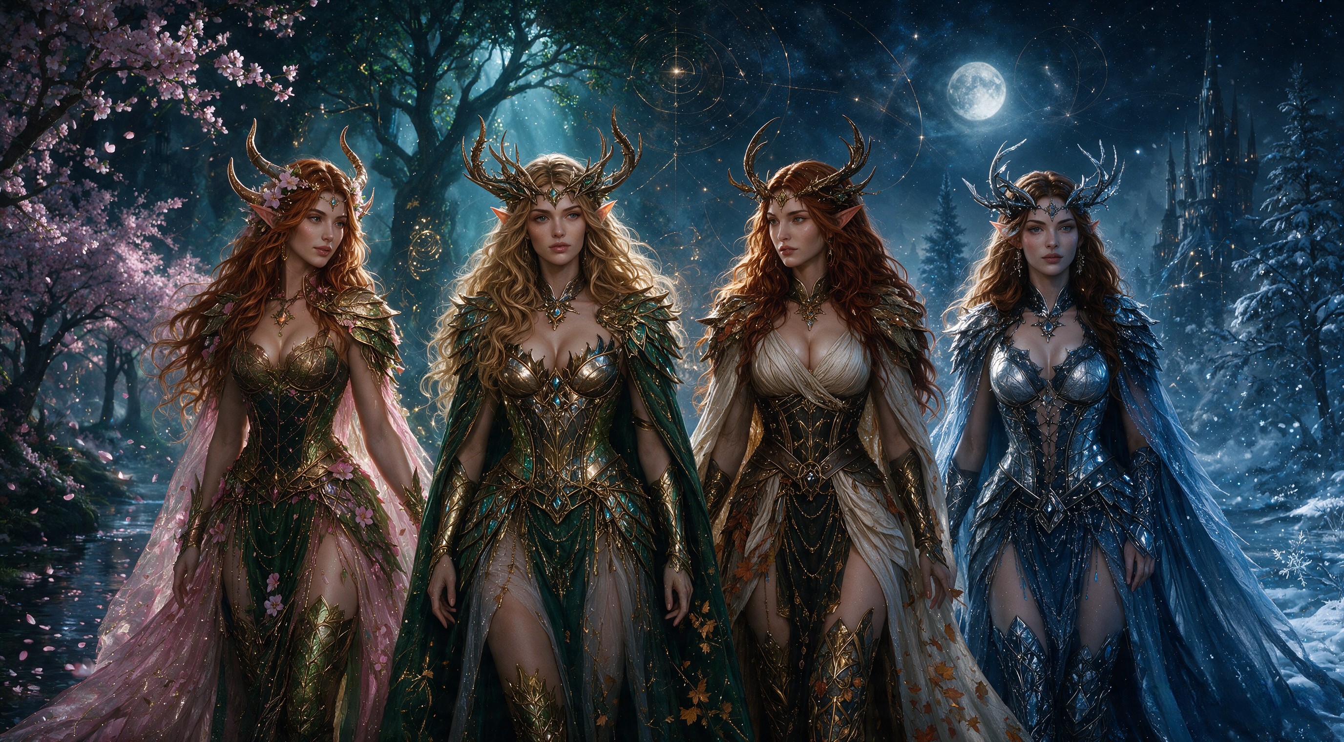 Four regal antler-crowned elven queens stand side-by-side in a moonlit enchanted four-season fantasy forest.