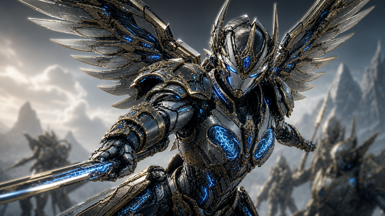 [Battle-ready winged mecha angel knight in ornate silver-gold armor with glowing blue accents holds an energy sword on a m...