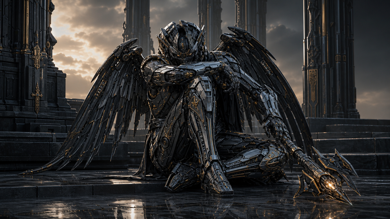Intricate mechanical archangel knight in dark steel armor sits hunched on wet temple steps, holding a glowing trident at s...