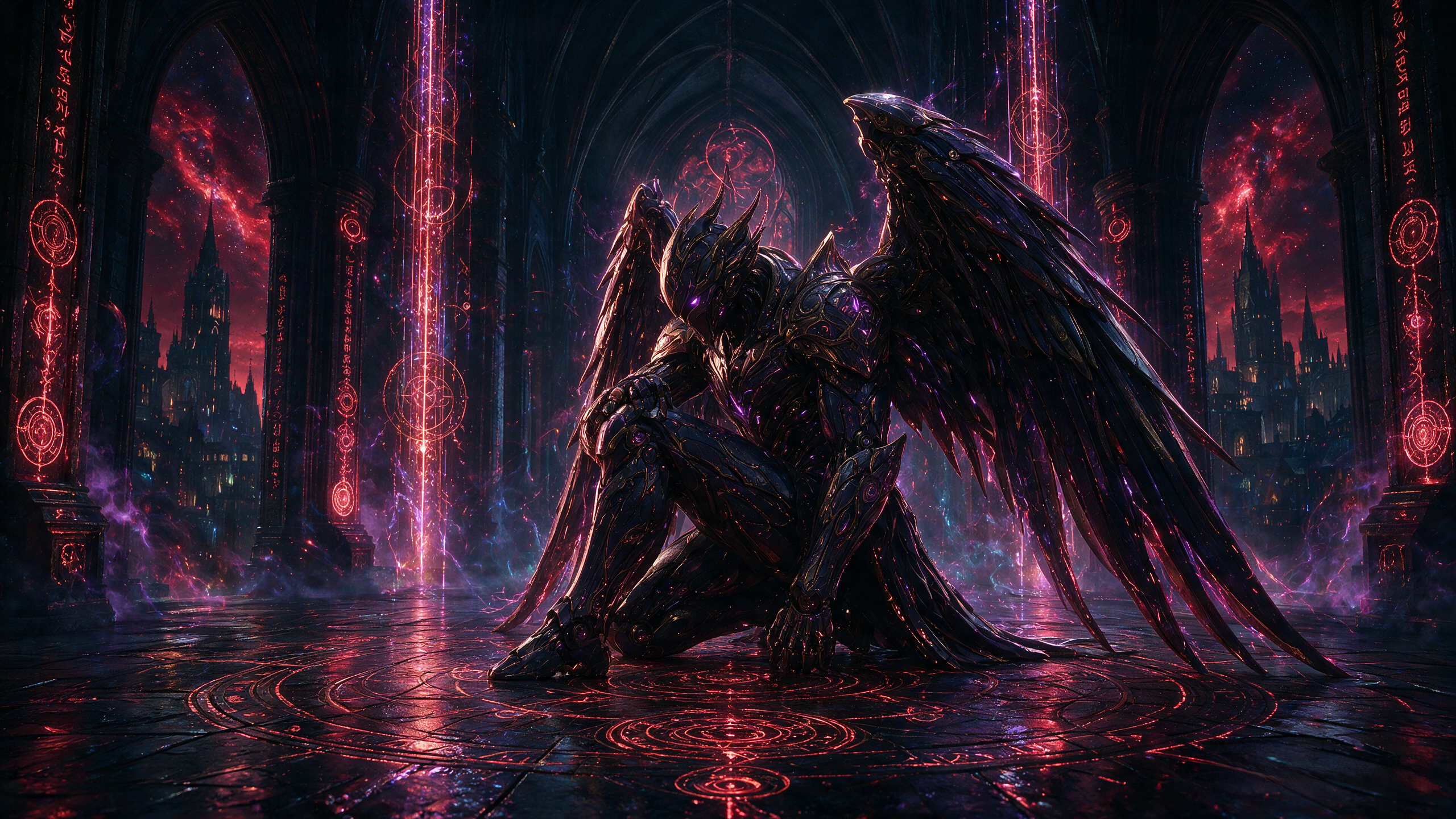 Armored dark fallen angel kneels on glowing red magic runes inside a towering gothic fantasy cathedral