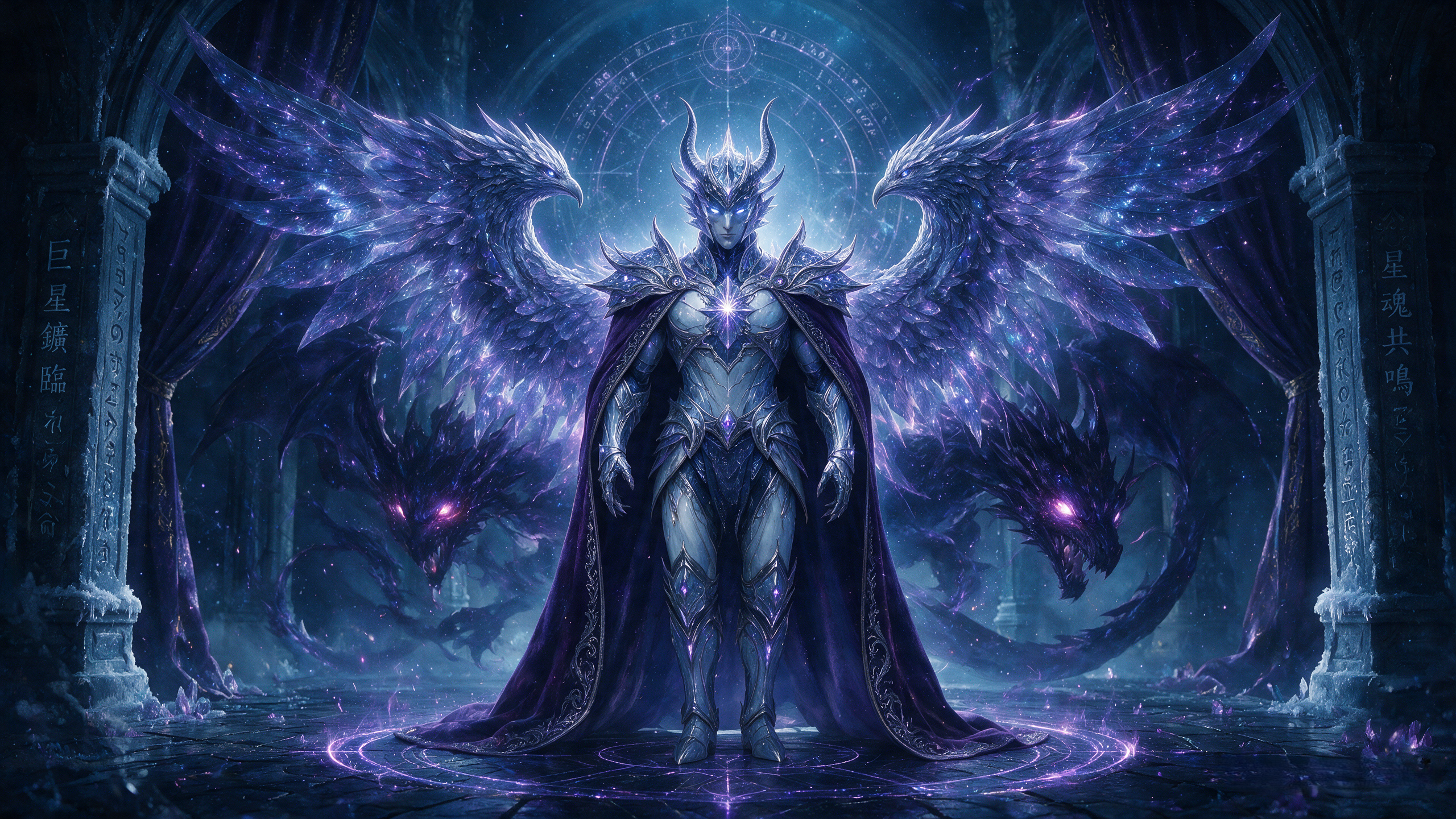 [Horned armored celestial fantasy king stands flanked by glowing starry eagles and shadow dragons in an icy magical throne...