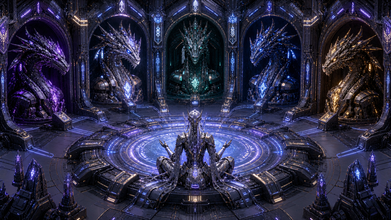 [Cybernetic robotic monarch meditates on a glowing neon platform, flanked by colorful mechanical dragon guardians in a fut...