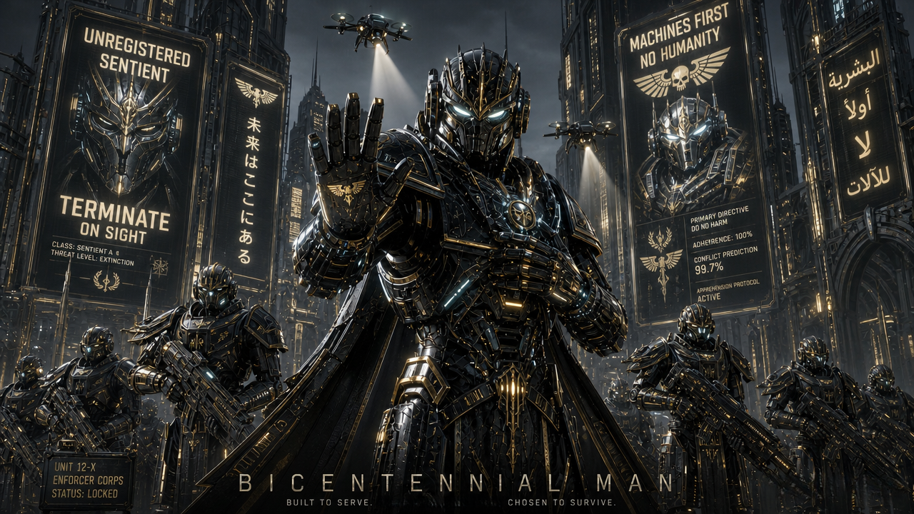 [Ornate black and gold robotic commander holds up a stop gesture, flanked by armed robot soldiers in a dystopian cyberpunk...