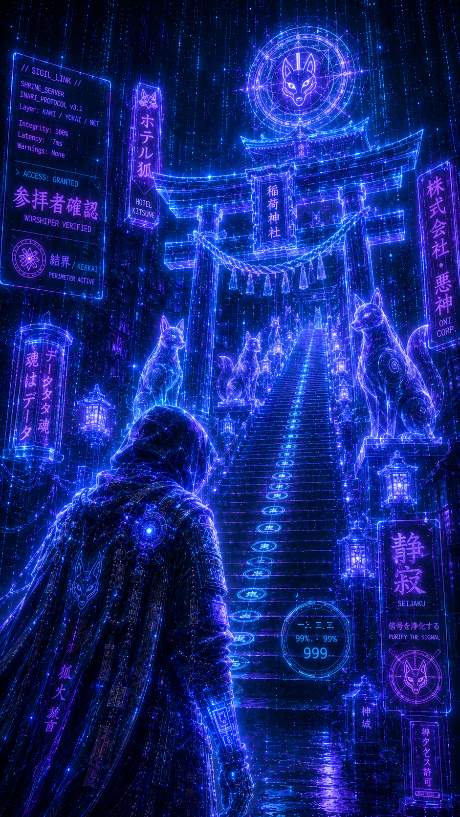 Hooded cyber wanderer faces glowing neon holographic Inari shrine lined with wireframe kitsune statues under falling digit...