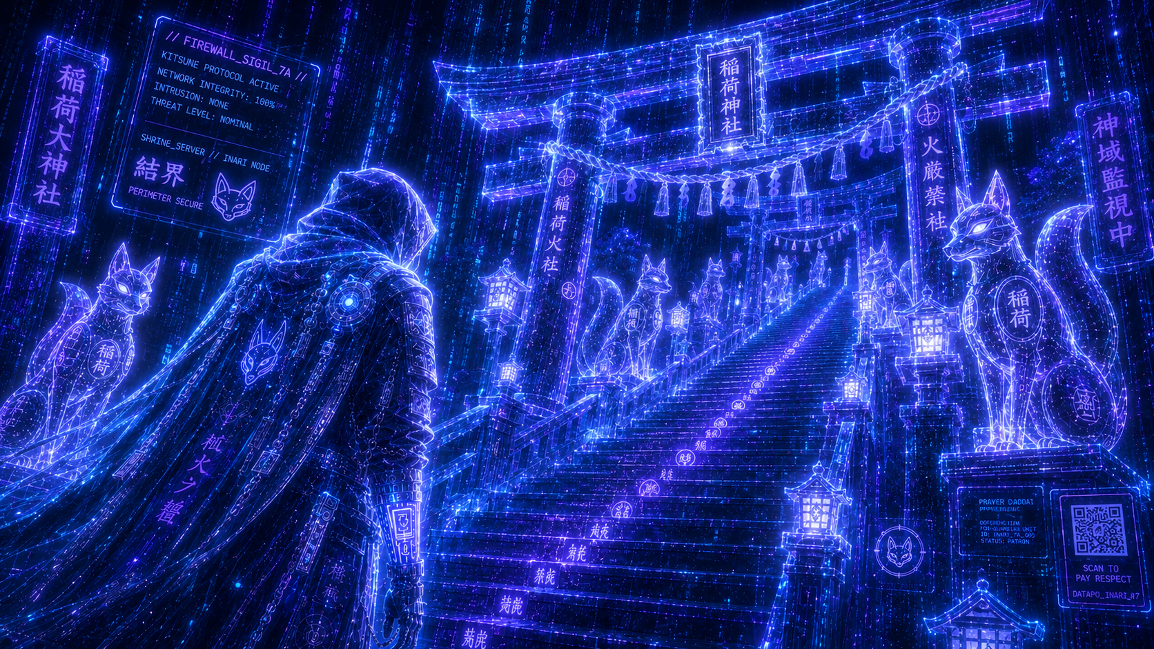 Glowing neon cyberpunk Inari shrine scene with hooded digital figure, holographic kitsune statues and floating data interf...