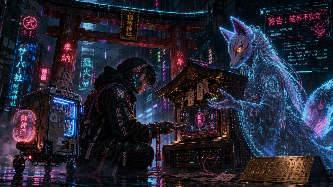[Cyberpunk scene: hooded techwear worshipper kneels before a glowing holographic kitsune spirit at a neon-lit Inari shrine...