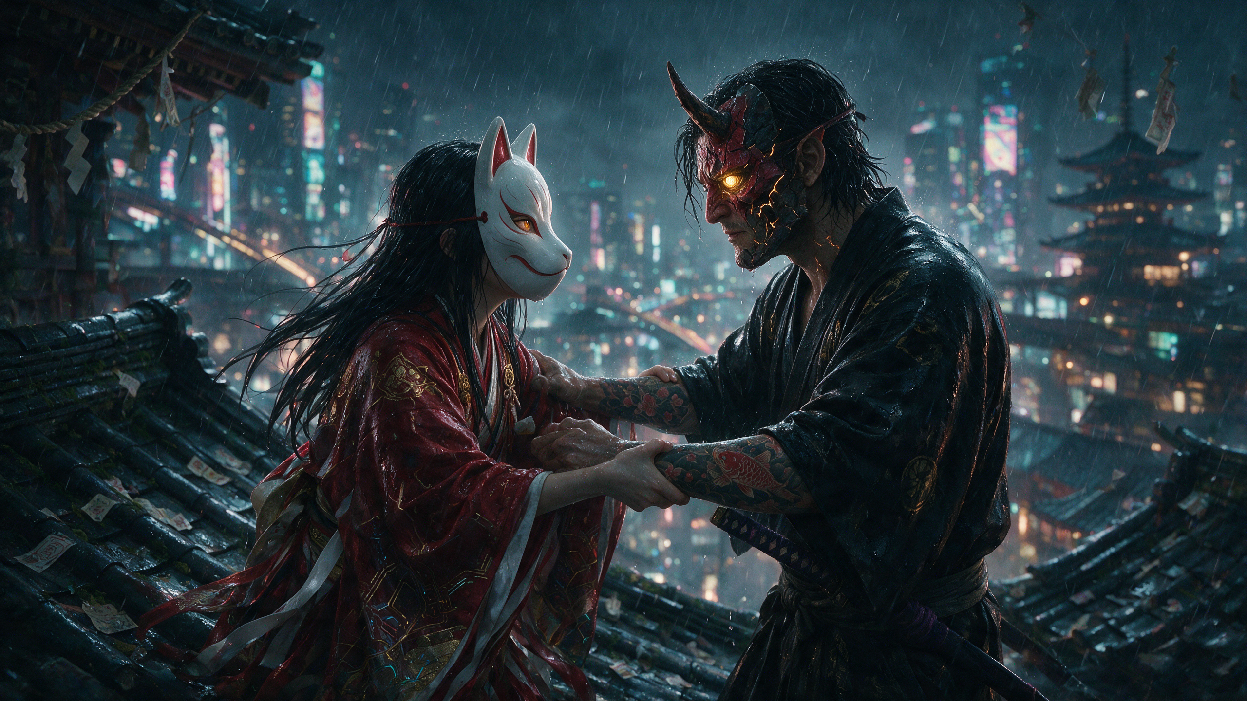 Masked kitsune woman and oni samurai face each other standing on a rain-soaked neon Tokyo rooftop at night.