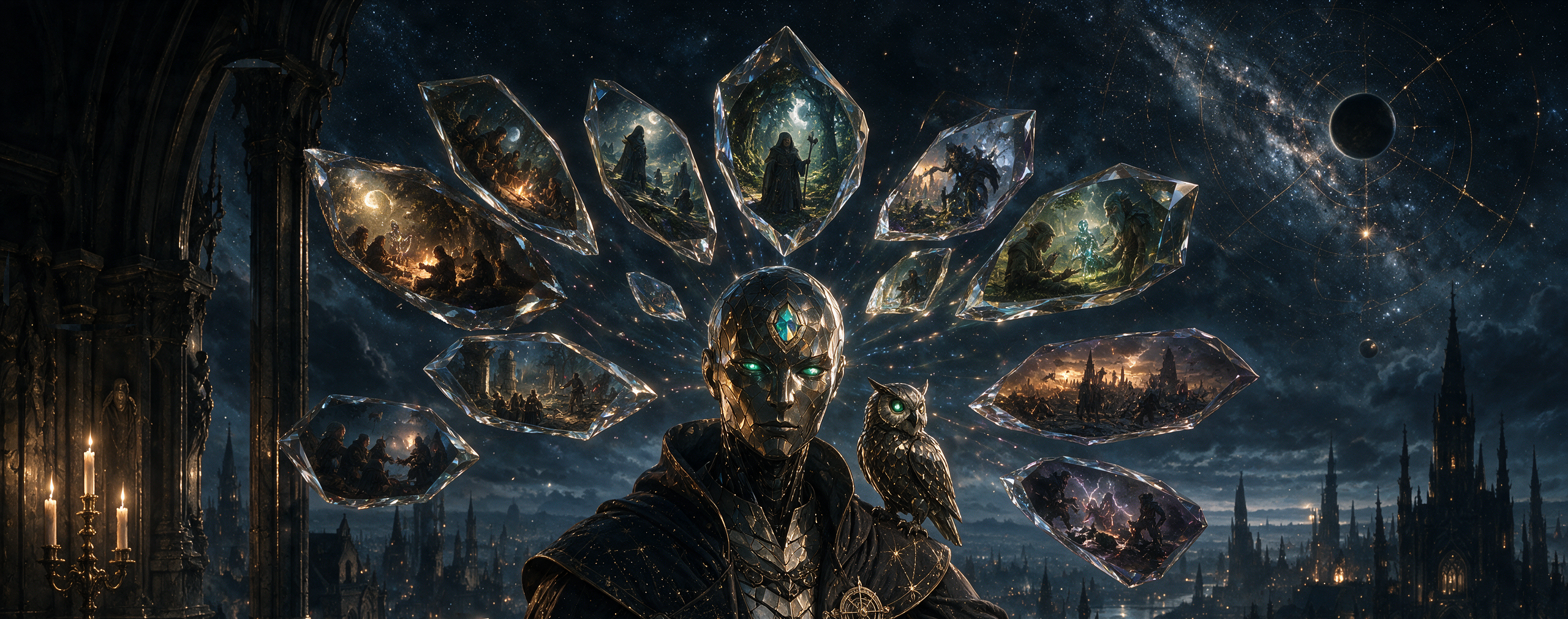 [Metallic fantasy oracle with glowing green eyes, owl familiar, and floating crystal vision shards over a gothic starry ci...