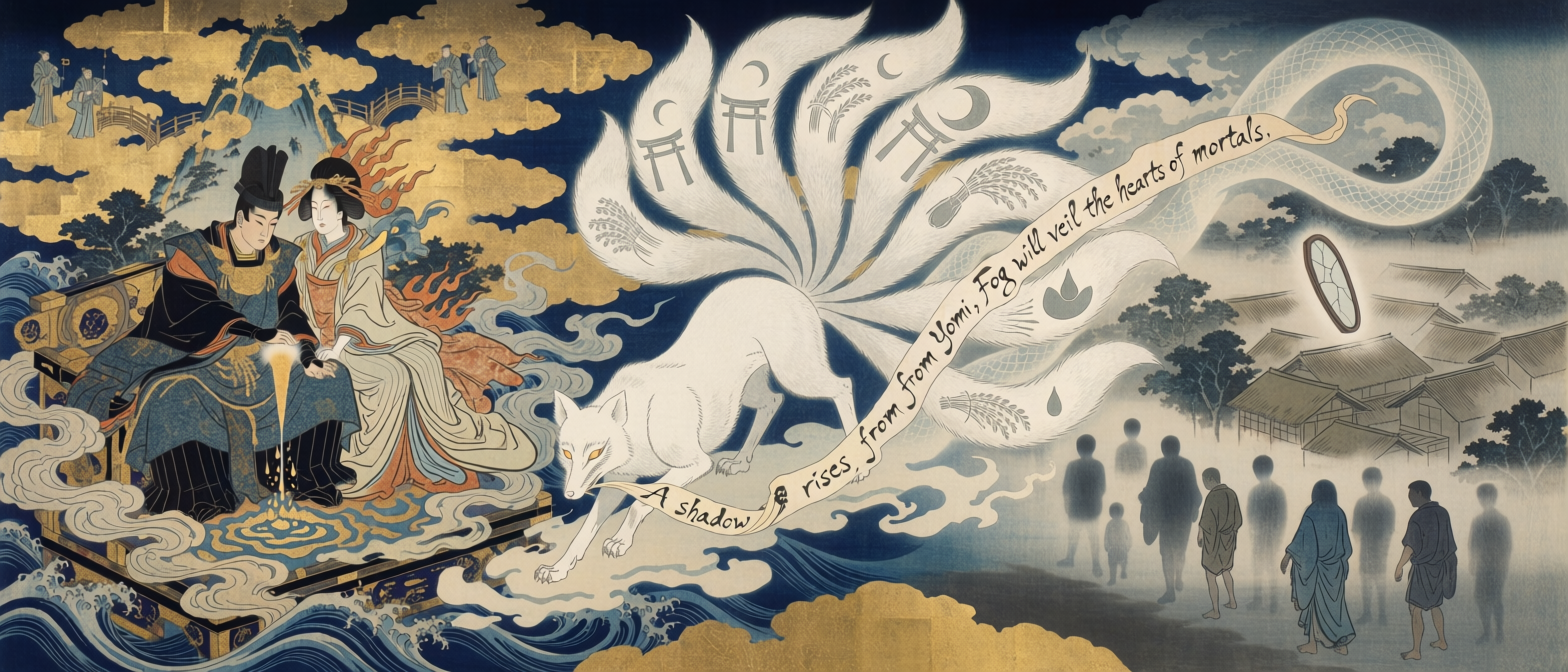 [Ukiyo-e mythic illustration of a white nine-tailed kitsune between celestial Japanese royals and a foggy mortal village, ...