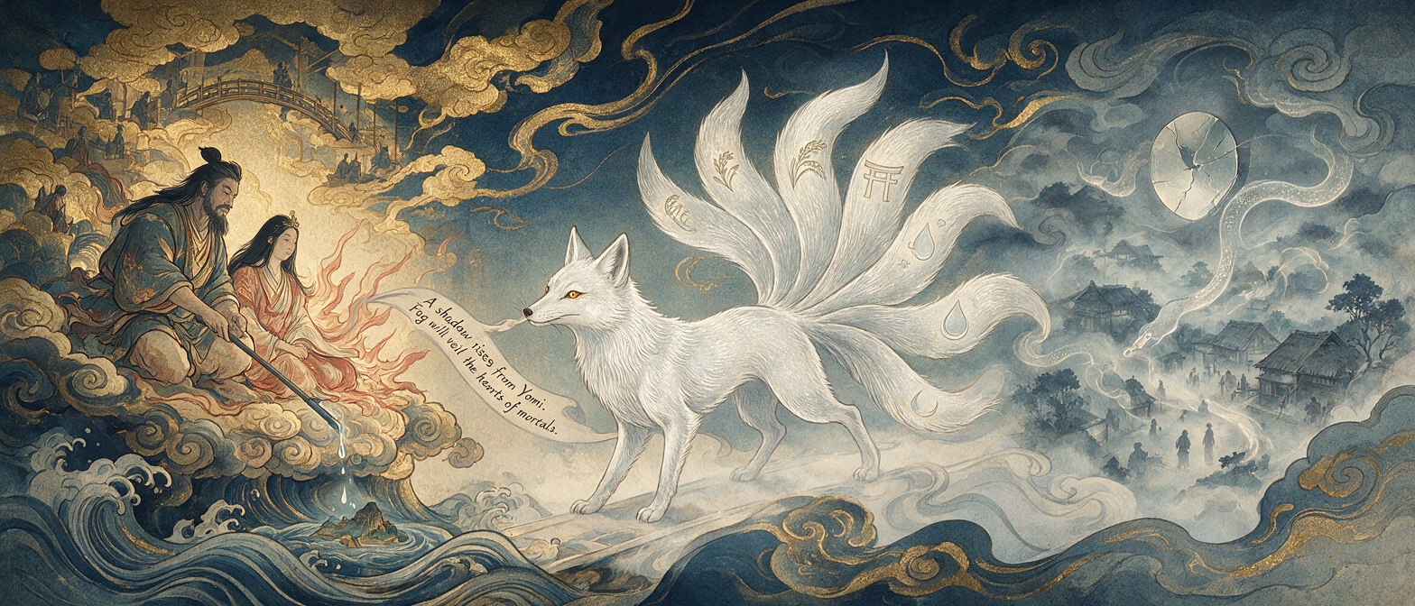 [Ornate myth illustration featuring a white nine-tailed kitsune, Shinto deities, and ethereal traditional East Asian fanta...