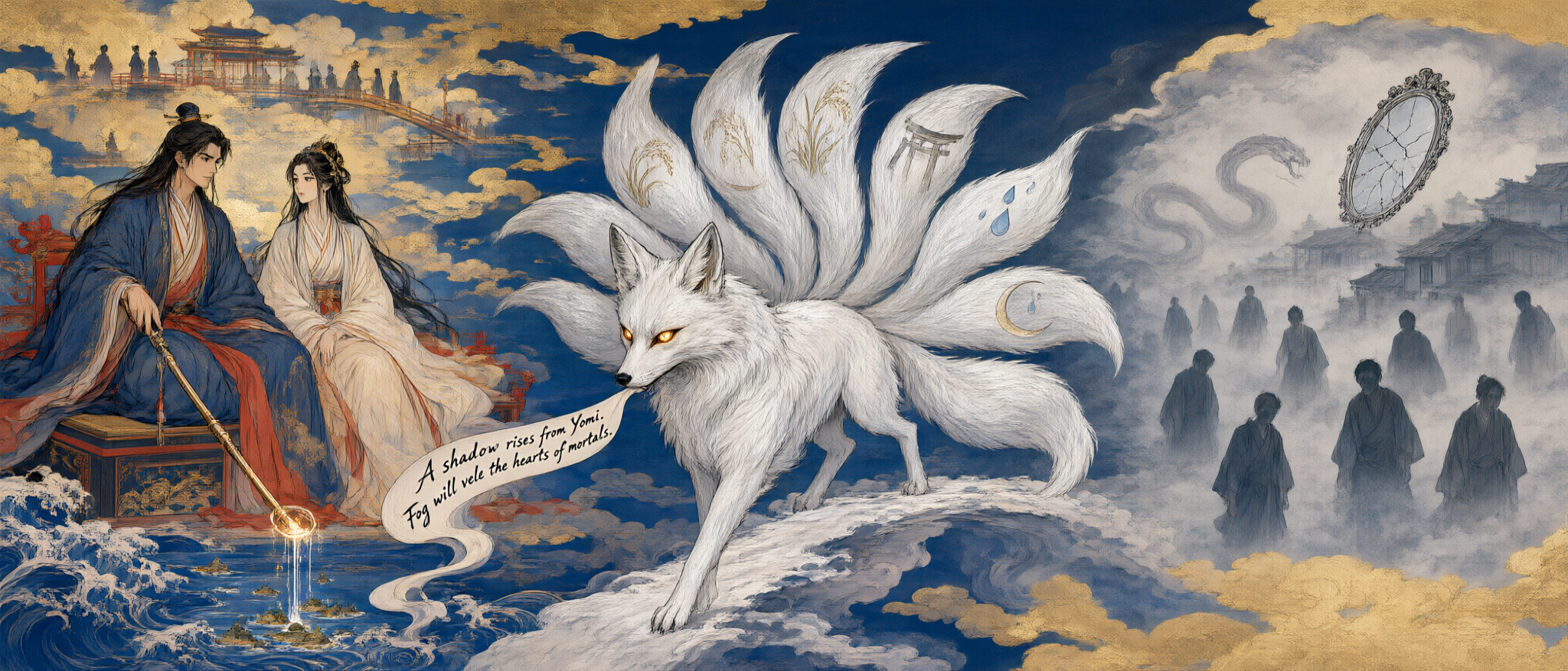 [Traditional fantasy illustration of a mythical nine-tailed kitsune flanked by divine east asian rulers and ghostly underw...