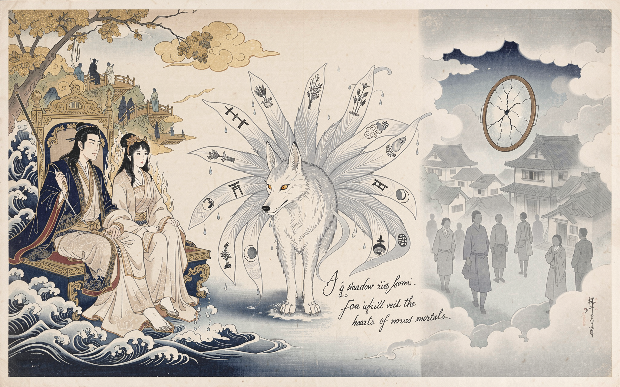 Ukiyo-e style mythical illustration of a nine-tailed white kitsune, celestial royal couple, and traditional Japanese villa...