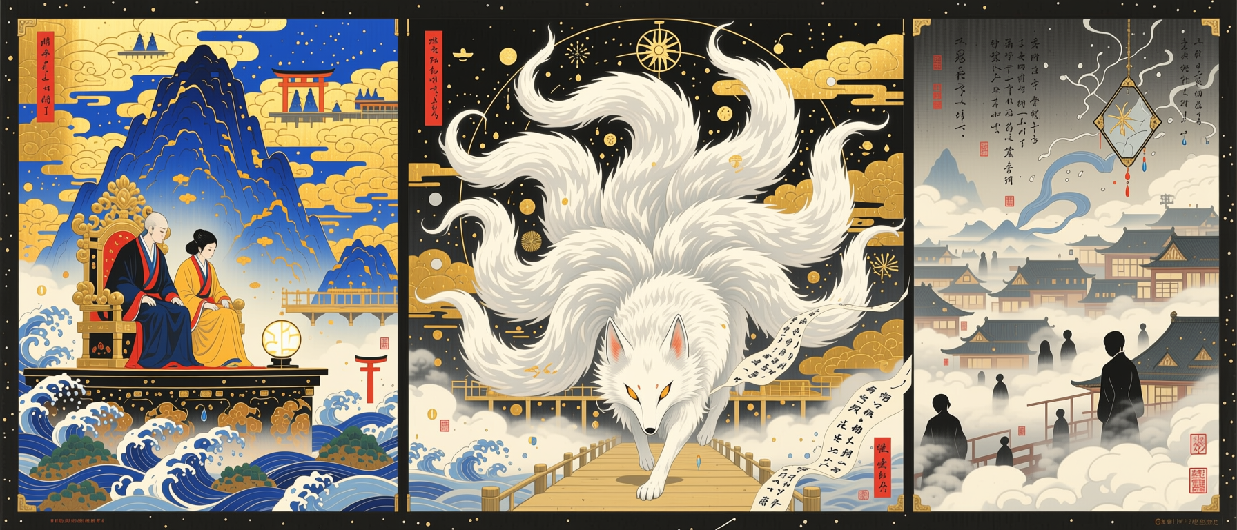 Three-panel ukiyo-e triptych featuring a mythic nine-tailed kitsune, imperial court, and misty Japanese village scenes.