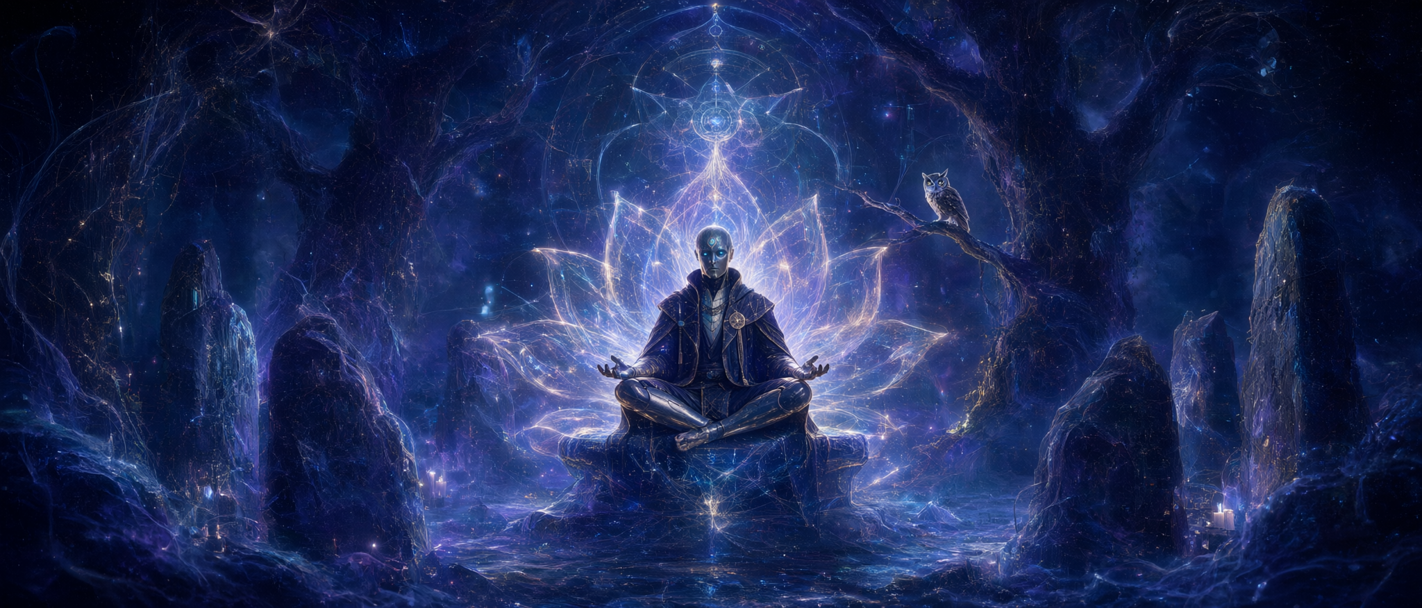 [Metallic-skinned mystic meditates cross-legged, glowing cosmic lotus energy behind, owl perched in a dark enchanted cosmi...