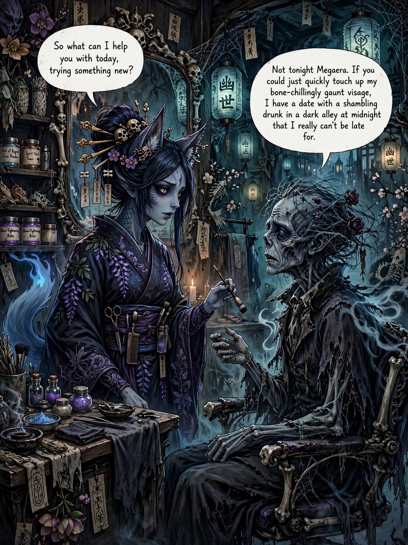 Dark fantasy illustration of kitsune beautician speaking to undead client in a spooky gothic salon with comic speech bubbles.