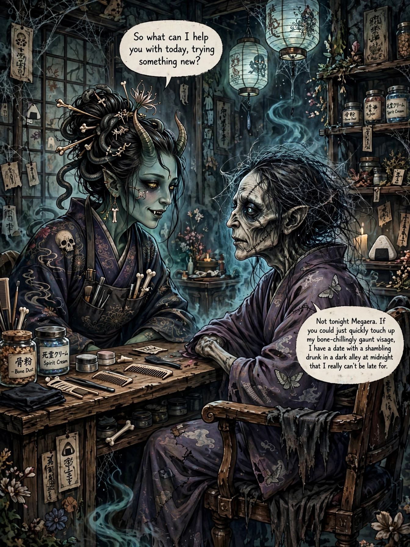 Spooky dark fantasy scene: horned oni beauty stylist speaks to gaunt undead customer in a cobweb-draped Japanese supernatu...