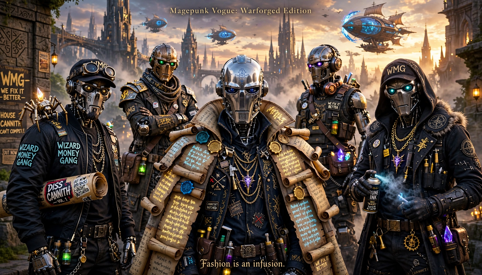 Five steampunk warforged mages stand together overlooking a spired fantasy city with flying airships at sunset