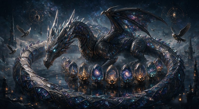 Ornate crystalline cosmic dragon guards glowing enchanted dragon eggs beneath a starry celestial fantasy night sky.