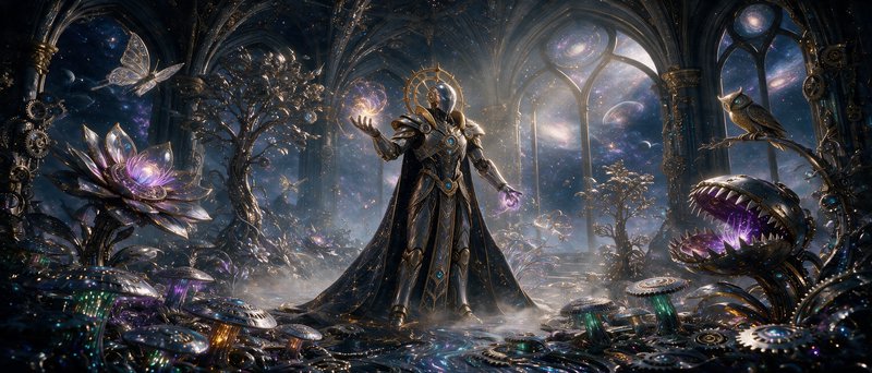 Armored celestial wizard holds glowing magic inside a gothic cosmic chamber filled with enchanted steampunk flora