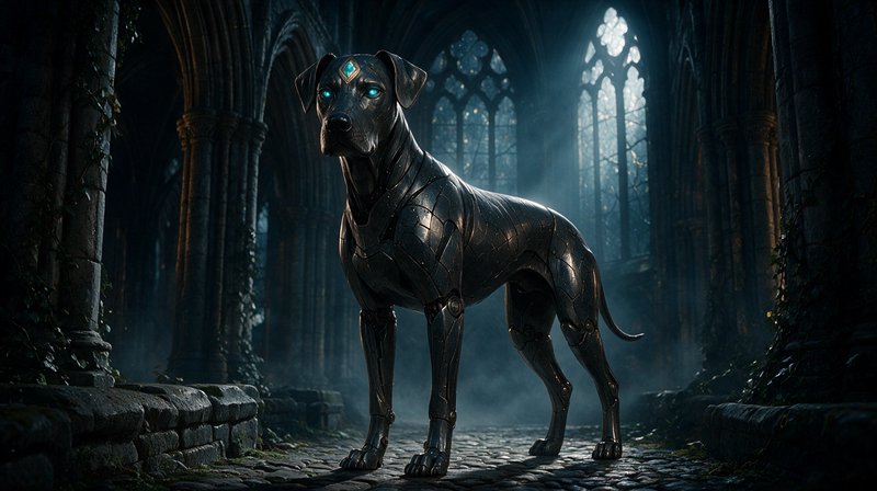 Sleek black cybernetic guard dog with glowing blue eyes stands alert on cobblestones inside a misty ruined gothic
