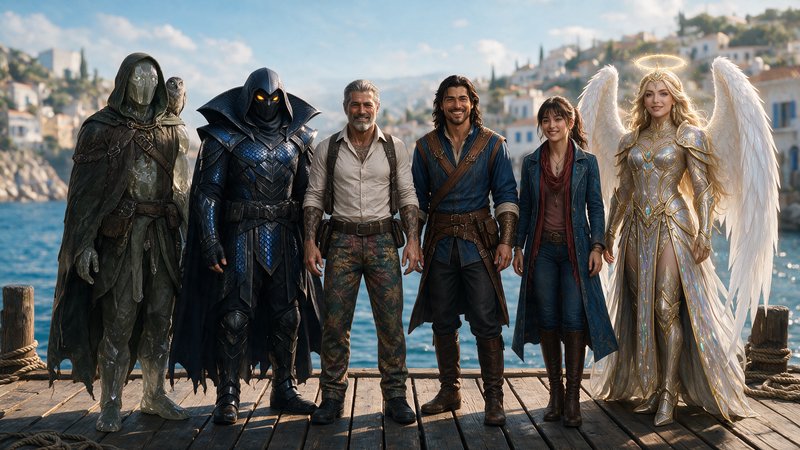 Diverse fantasy RPG adventurer party stands in a line on a wooden coastal dock overlooking a sunlit Mediterranean