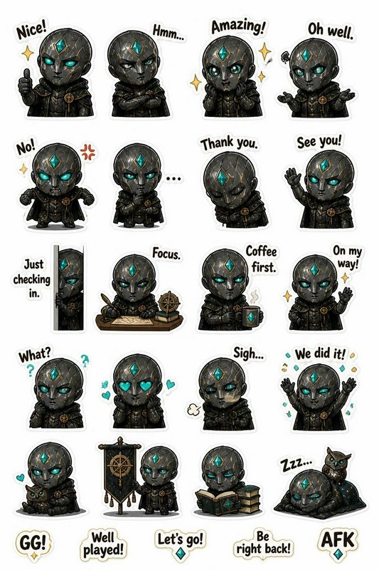 Sticker sheet of chibi obsidian fantasy character with teal forehead gem, assorted chat reaction poses and text captions