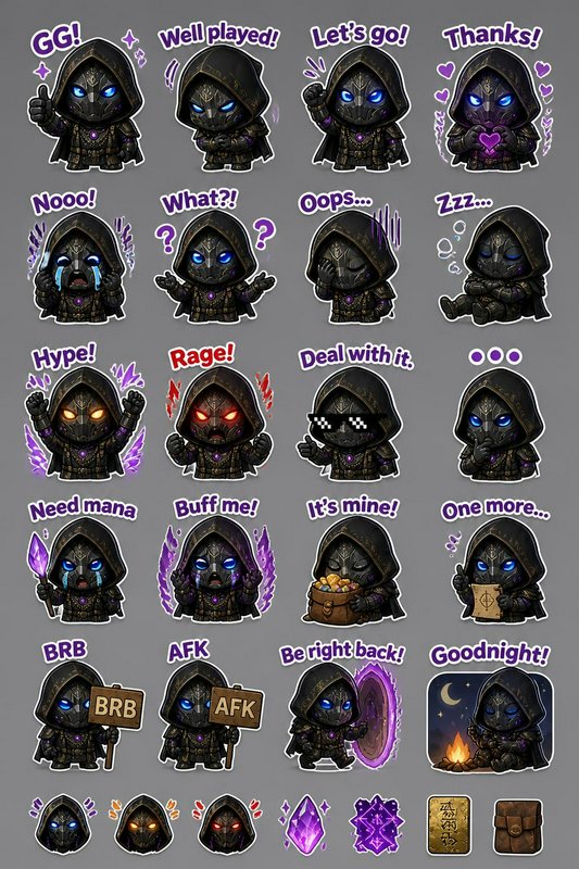 Chibi hooded dark fantasy armored character gaming emote sticker sheet with reaction emotes and bonus UI assets.