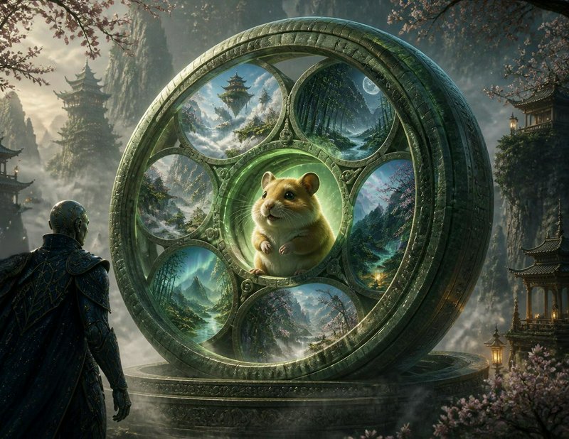 Armored fantasy figure observes a fluffy golden hamster inside an ornate multi-panel magical portal in a misty pagoda moun...