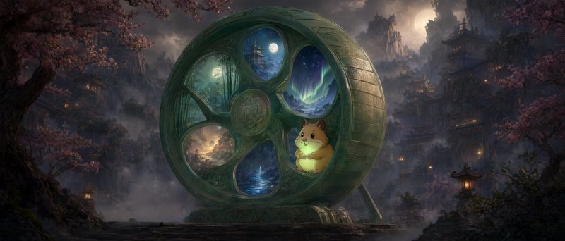 [Cute glowing hamster sits in a giant carved jade hamster wheel holding tiny magical landscapes, misty East Asian fantasy ...