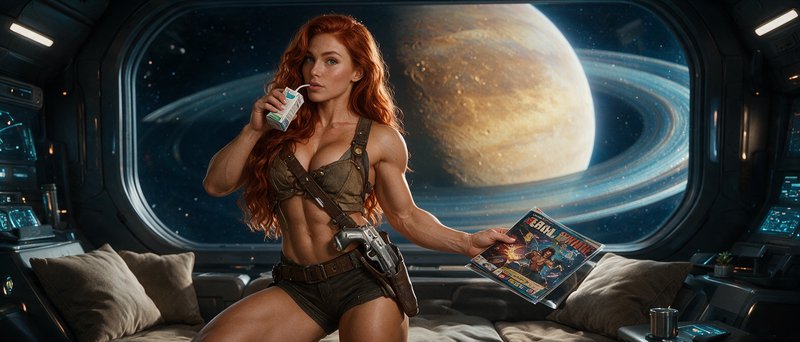 [Muscular red-haired spaceship crewwoman sips juice, holds a comic, ringed gas giant visible through cabin window]