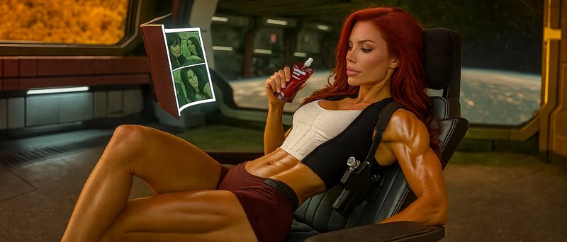 Muscular red-haired woman reclines in a spaceship command chair, viewing a floating holographic comic while holding a drin...