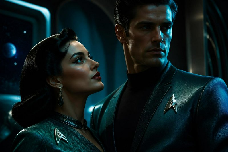 [Glamorous retro sci-fi Starfleet couple stand together inside a starship, outer space visible through a background window.]
