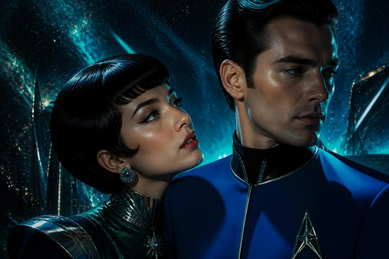 Retro futuristic sci-fi couple in Starfleet-style uniforms stand against a glowing swirling deep space nebula backdrop