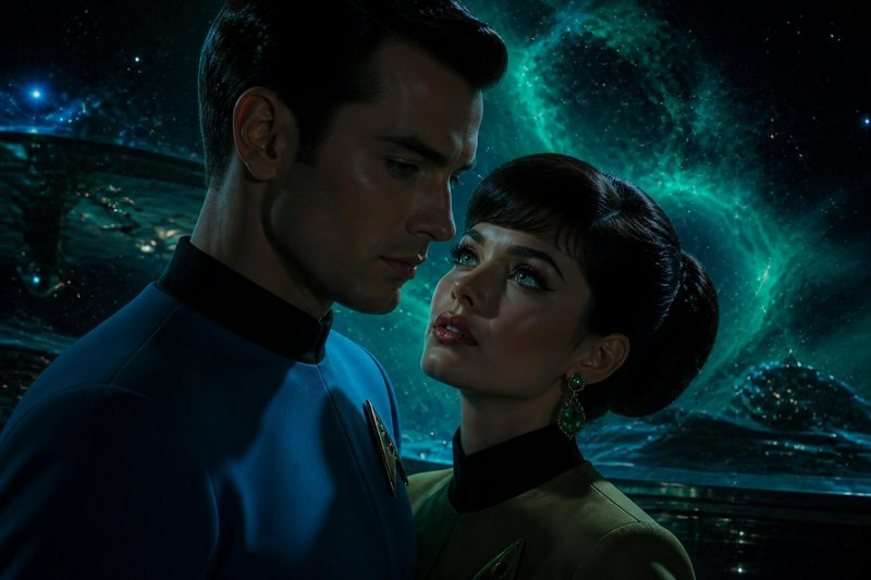 Intimate Starfleet officer couple gazing at each other, standing before a glowing teal nebula starship viewport