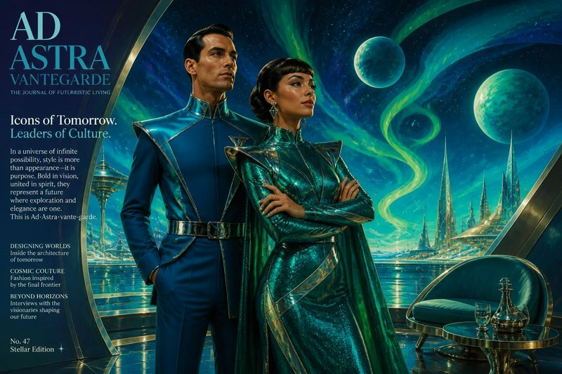 [Retro-futurism magazine cover showing elegant couple in sci-fi couture against alien city and nebula space backdrop]