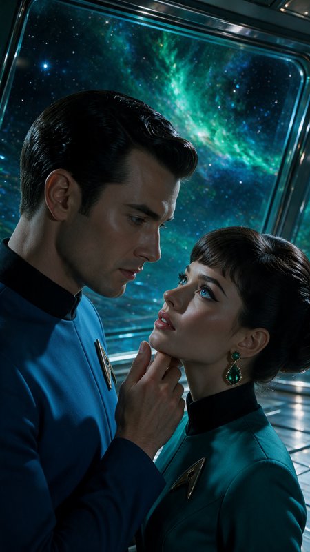 Intimate moment between two Starfleet officers aboard a starship, with a glowing green nebula visible through the viewport.