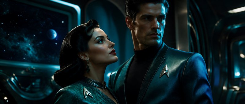 [Retro futuristic Star Trek-inspired crew couple stand together inside a starship, space and a distant planet visible thro...