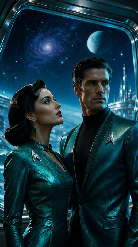 Retro-futuristic Starfleet couple in shimmering teal uniforms stand beside a starship viewport looking out at deep space