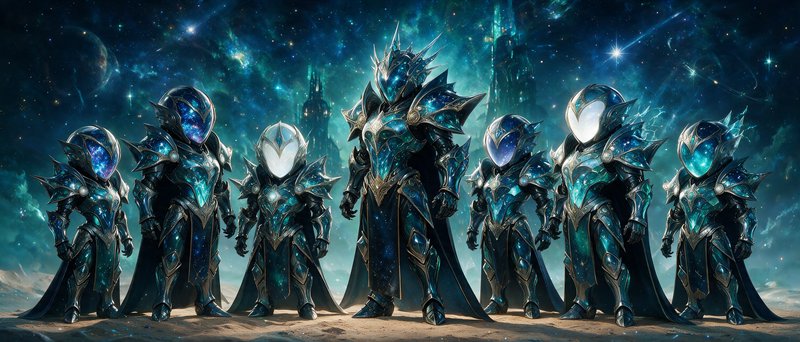 [Seven ornate cosmic armored knight figures stand in formation under a glowing starry nebula alien sky]