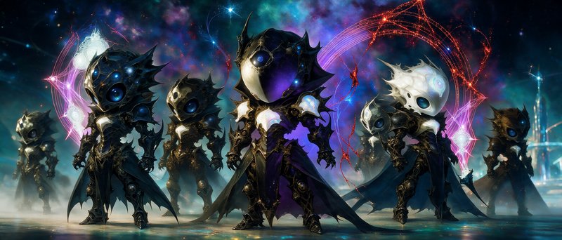 Chibi-style spiked armored cosmic knight lineup stands against a glowing swirling deep space nebula backdrop with arcane e...