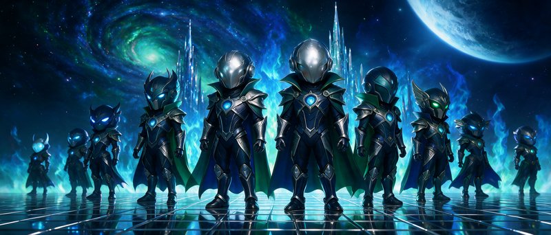 [Symmetric lineup of chibi-style armored alien warriors standing on a reflective floor against a swirling cosmic galaxy ba...