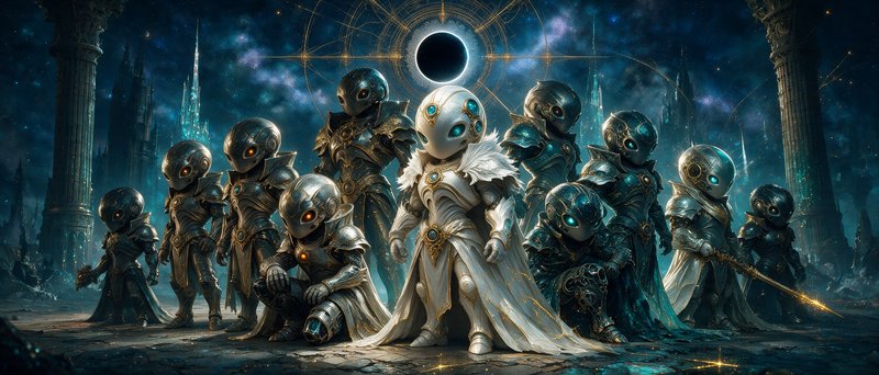 [Ornate armored alien court with a white robed central leader, gathered beneath a cosmic eclipse in a celestial fantasy pa...